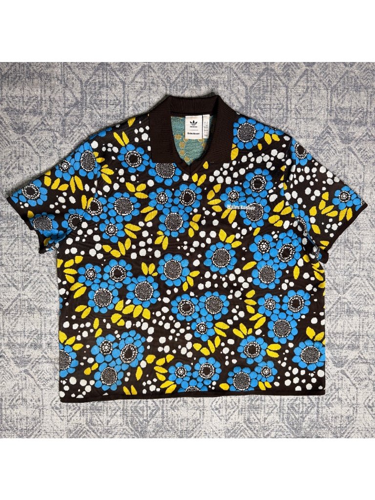 Adidas X Wales Bonner Logo Floral-Intarsia Knitted Polo Shirt Blue